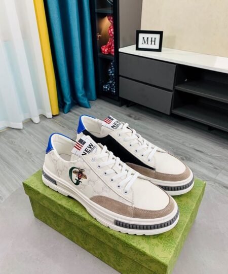Gucci Men’s GG Embossed Sneaker With G Bee White Brown And Black For Men