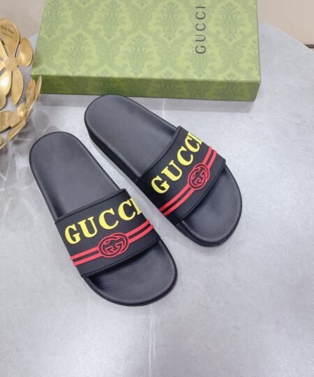 Gucci Men’s Logo Rubber Slide Black Red And Yellow For Men 522887