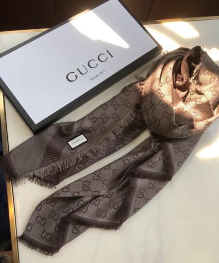 Gucci GG Jacquard Silk Wool Shawl Grey/Brown 55in/140cm