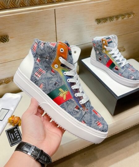 Gucci Men’s Basket Jean’s High Top With Bee Sneaker Blue For Men