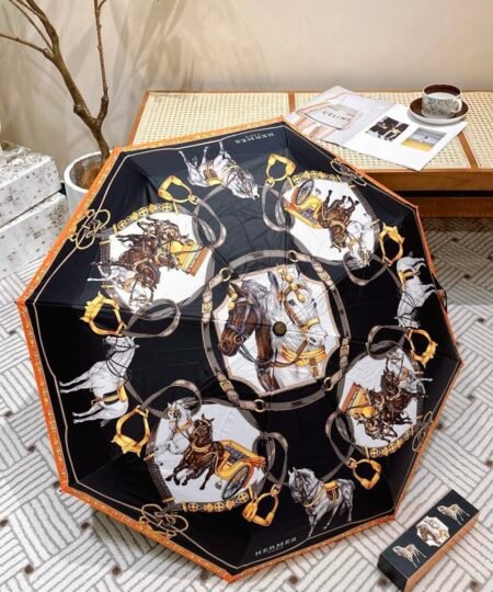 Hermes Long Umbrella With Horse Motif Black