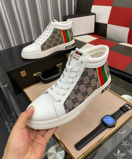 Gucci Men’s GG Ace High Top Sneaker With Web White And Gray For Men