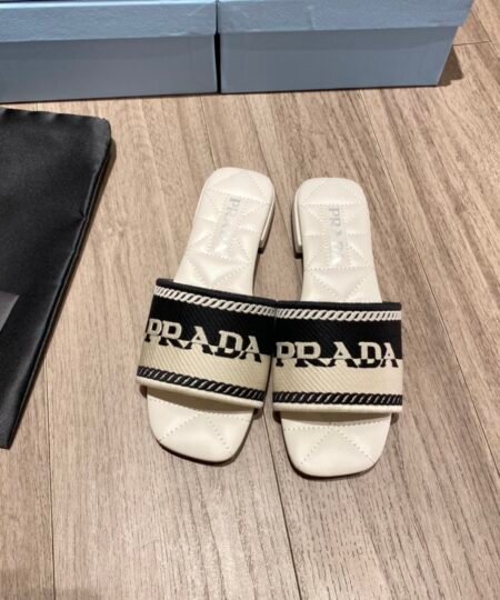 Prada Embroidered Fabric Slides Black/Beige For Women 0.4in/10mm PRD