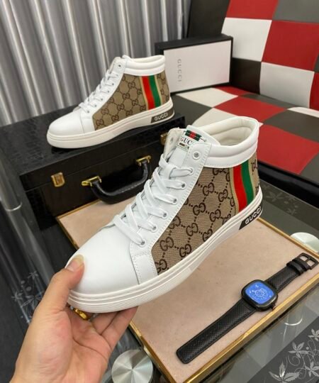 Gucci Men’s GG Ace High Top Sneaker With Web White And Brown For Men