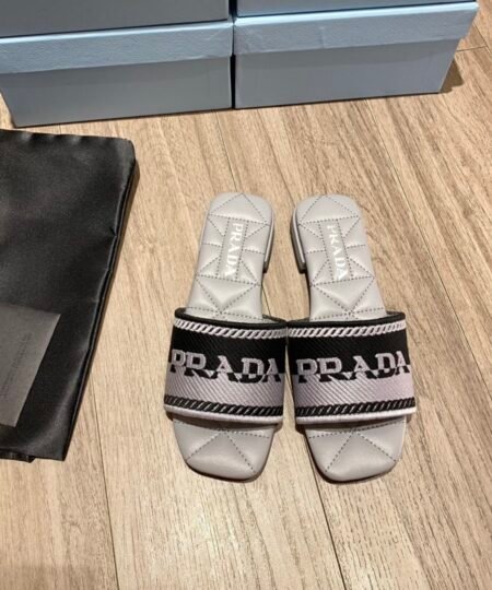 Prada Embroidered Fabric Slides Black/Grey For Women 0.4in/10mm PRD 1XX612_3LKB_F0EHZ_F_B010