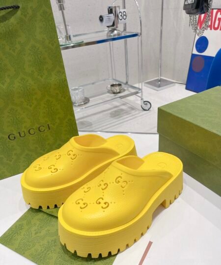 Gucci Women’s Platform Perforated G Sandal Yellow For Women GG