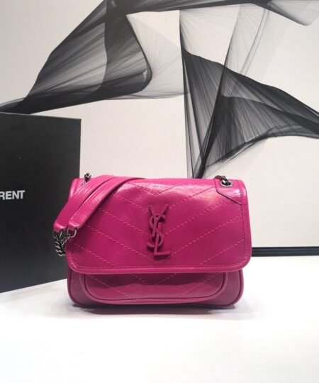 Saint Laurent Niki Baby Chain Bag In Crinkled Vintage Dark Pink For Women 8.2in/21cm YSL