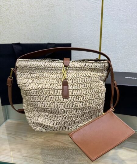 Saint Laurent Le 37 In Woven Raffia And Vegetable-Tanned Beige For Women 9.8 Inches/ 25 Cm 773991GAAD72080