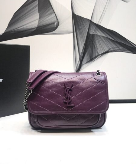 Saint Laurent Niki Baby Chain Bag In Crinkled Vintage Dark Violet For Women 8.2in/21cm YSL