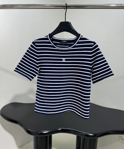 Chanel Short Sleeves T-shirt White/Navy Blue For Women
