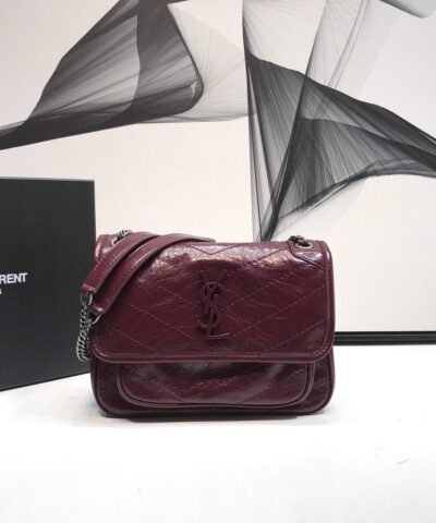 Saint Laurent Niki Baby Chain Bag In Crinkled Vintage Burgundy For Women 8.2in/21cm YSL 6331600EN046475
