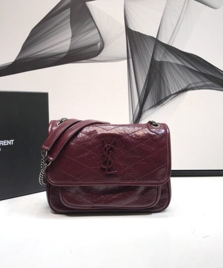Saint Laurent Niki Baby Chain Bag In Crinkled Vintage Burgundy For Women 8.2in/21cm YSL 6331600EN046475