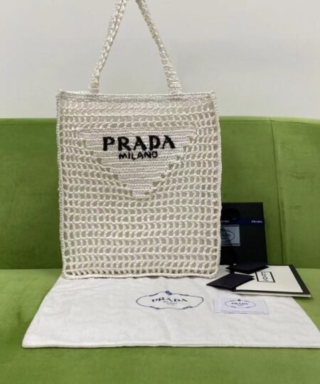 Prada Raffia Tote Bag White For Women, Women’s Bags 14.9in/38cm 1BG393_2A2T_F0009_V_OOO