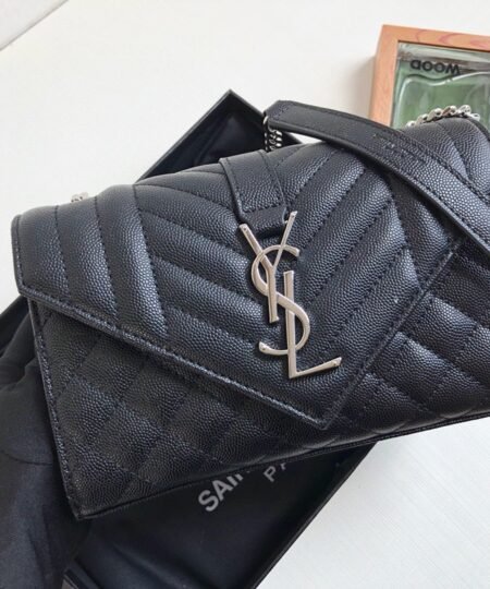 Saint Laurent Envelope Small Bag In Mix Matelassé Grain De Poudre Black For Women 8.2in/21cm YSL 600195BOW921000