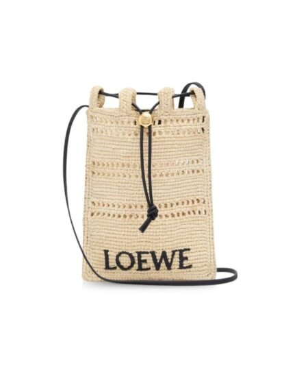 Loewe Drawstring Pocket In Raffia Natural/Black For Women 21cm/8.3in – C756PHPX01