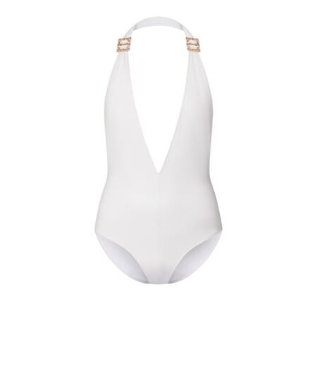 Louis Vuitton Brooch Detail V-Neck One-Piece Swimsuit White For Women 1AFGPQ