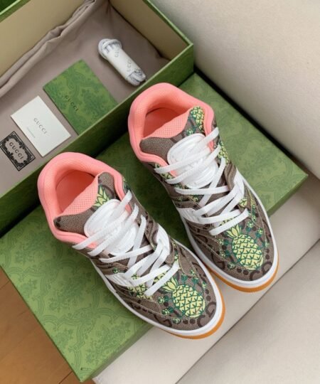 Gucci Women’s Basket Sneaker Print Pineapple Brown Pink For Women ‎661301
