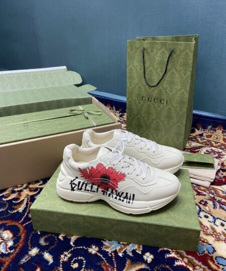 Gucci Women’s Rhyton Sneakers With Gucci Hawaii Poppy Print White Ivory For Women 631708-DRW00-9522