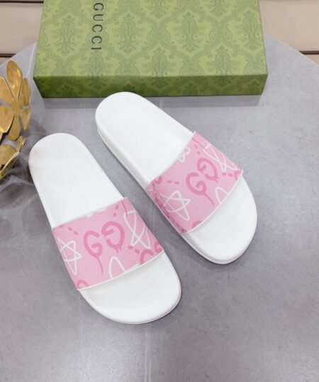 Gucci Women’s GG Stars Print Slide Sandal Pink And White For Women 408508