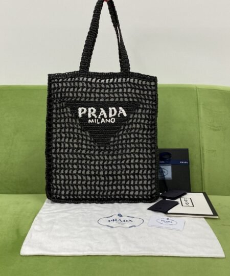 Prada Raffia Tote Bag Black For Women, Women’s Bags 14.9in/38cm 1BG393_2A2T_F0002_V_OOO