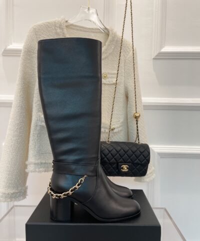 Chanel Women’s High Boots With Chain Black For Women 3.7in/ 9.5cm