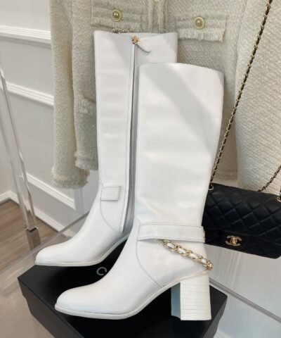 Chanel Women’s High Boots With Chain White For Women 3.7in/ 9.5cm