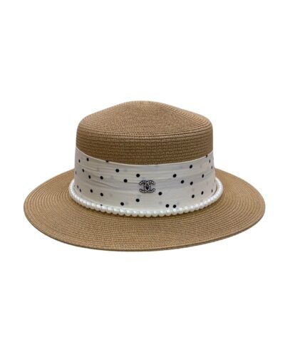 Chanel Polka Dot Pearl-Trimmed Straw Hat Tan For Women 57cm/22.4in