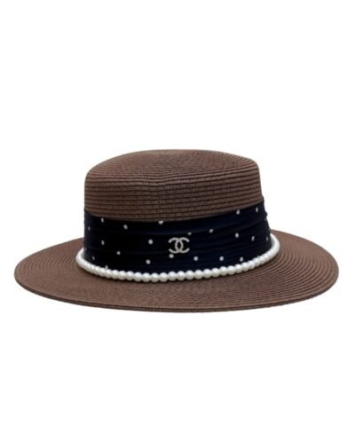 Chanel Polka Dot Pearl-Trimmed Straw Hat Dark Brown For Women 57cm/22.4in