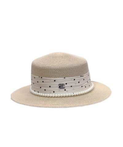 Chanel Polka Dot Pearl-Trimmed Straw Hat Light Beige For Women 57cm/22.4in