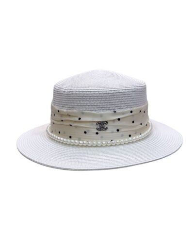 Chanel Polka Dot Pearl-Trimmed Straw Hat White For Women 57cm/22.4in