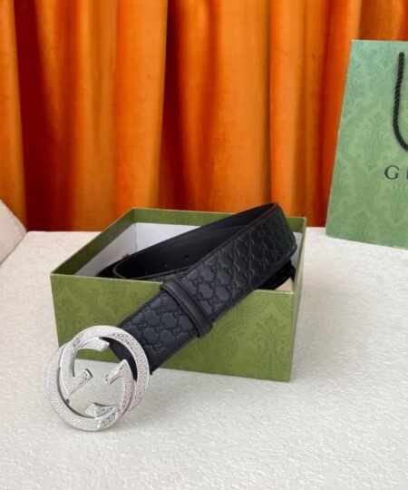 Alternative view of Gucci Monogram Belt Black With Silver Crystal Buckle 40mm