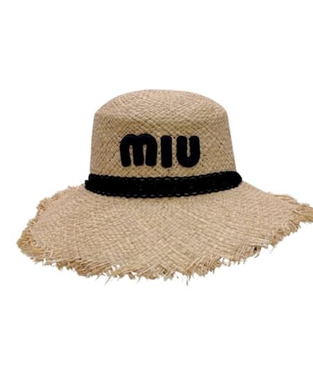 Miu Miu Wheat Straw Hat With Black Lace Trim Beige For Women