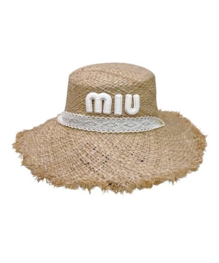 Miu Miu Wheat Straw Hat With White Lace Trim Beige For Women
