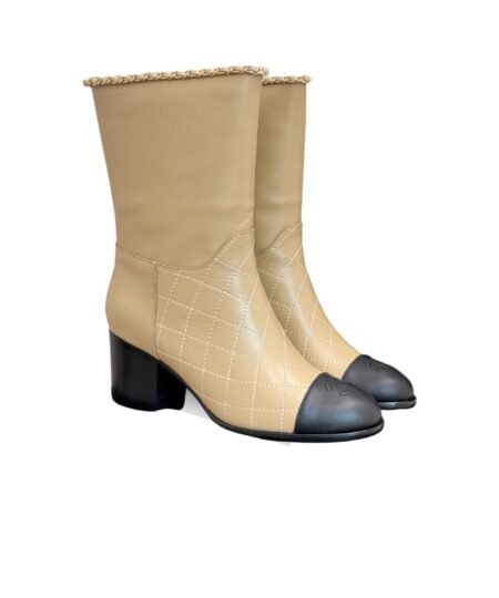 Chanel Double C Chunky Heel Boots With Chain Detail Beige For Women