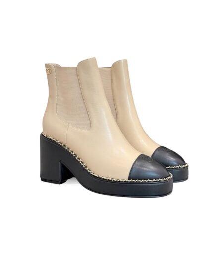 Chanel Chelsea Chunky Heel Boots Two Tone Beige And Black For Women
