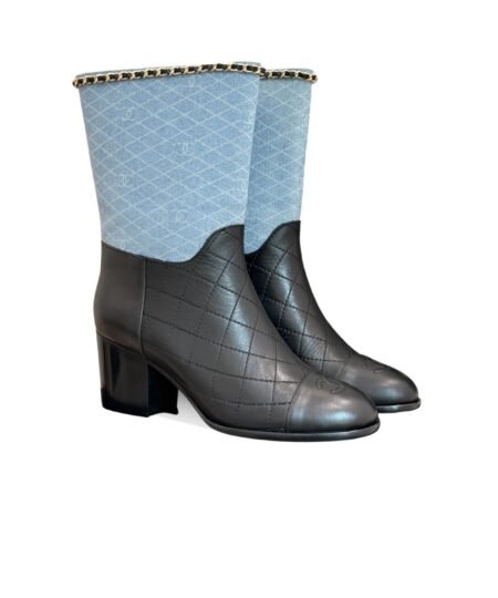 Chanel Double C Chunky Heel Boots With Chain Detail Light Blue Denim For Women
