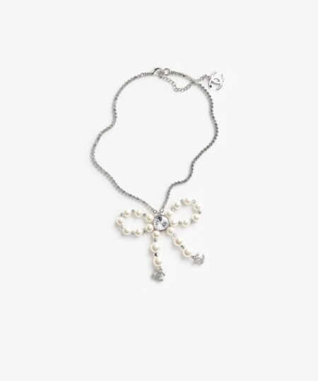 Chanel Bow Pendant Necklace Silver Pearly White For Women – ABG210-B21707-U2865