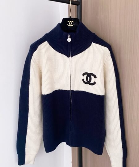Chanel Clothes -  Long Sleeves zip-up Cardigan Sweater Dark Blue & White For Women