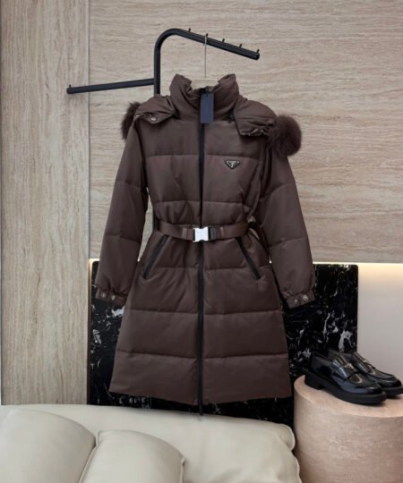 Prada Clothes - Quilted Belted Puffer Coat Chocolate For Women