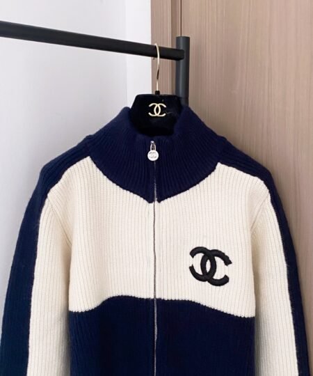 Alternative view of Chanel Clothes -  Long Sleeves zip-up Cardigan Sweater Dark Blue & White For Women