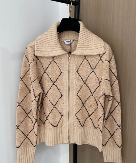 Chanel Clothes – Long Sleeves zip-up Cardigan with contrast stitching Cream & Beige For Women