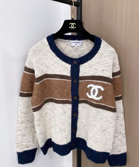 Chanel Clothes – Long Sleeves Cardigan Cream and White and Navy Blue For Women