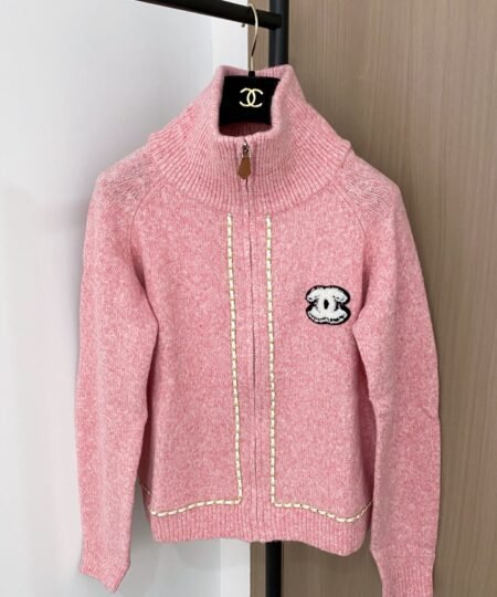 Chanel Clothes – Long Sleeves Knit Cardigan with Contrast Trim Light Pink For Women