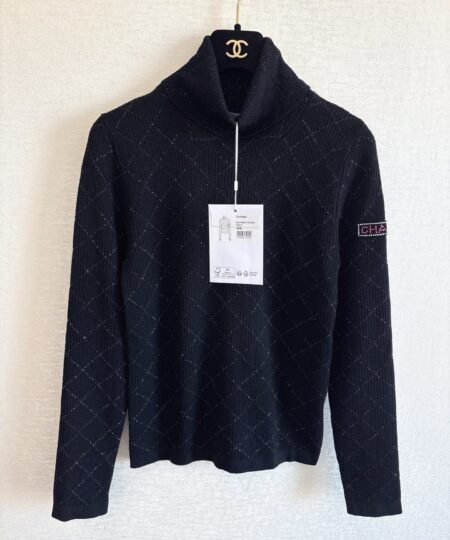 Chanel Clothes – Long Sleeves Turtleneck Sweater Dark Blue & Black For Women
