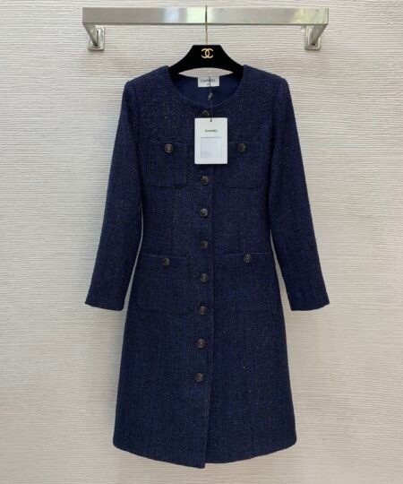Chanel Clothes -  Tweed Dress Navy Blue with buttons For Women