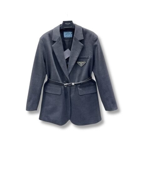 Prada Belted Tailored Blazer With Triangle Logo Grey For Women