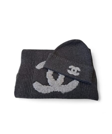 Chanel CC Logo Scarf And Beanie Set In Dark Grey For Women