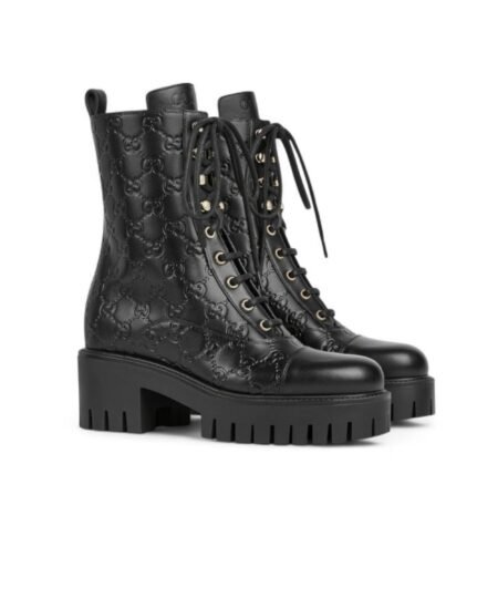 Gucci Lace-Up Ankle Boot With GG Black For Women 840739 AAE5Q 1000