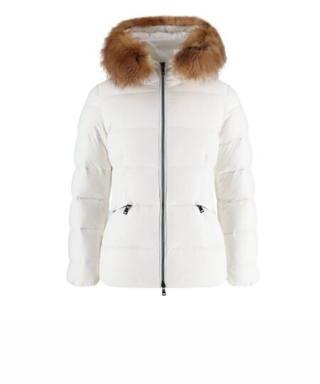 Moncler Boed Hooded Shearling-Trimmed Short Down Jacket White For Women