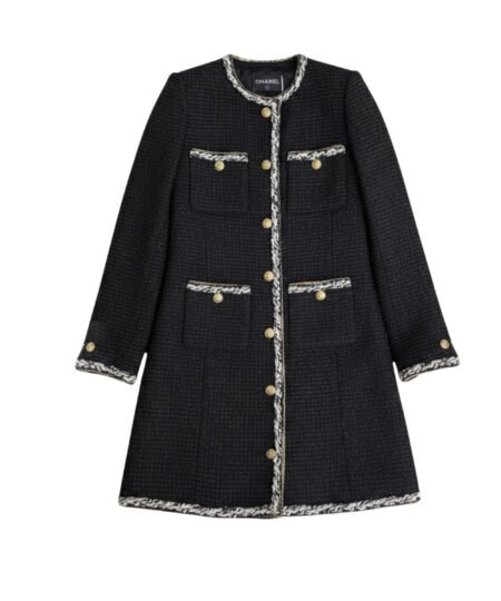 Chanel Long Tweed Coat Black For Women